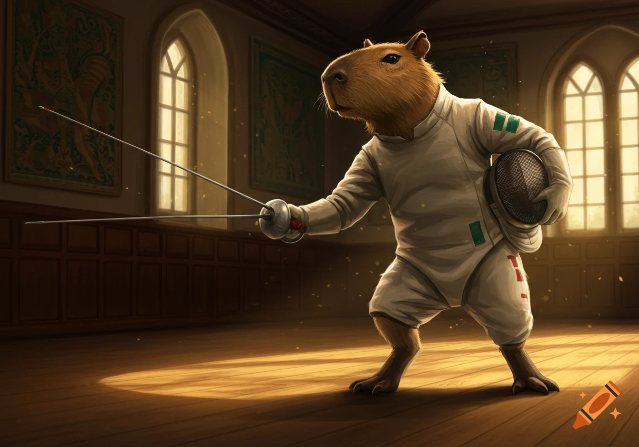 A photorealistic capybara in a white fencing suit and mask, holding a foil, in a sunlit fencing hall.