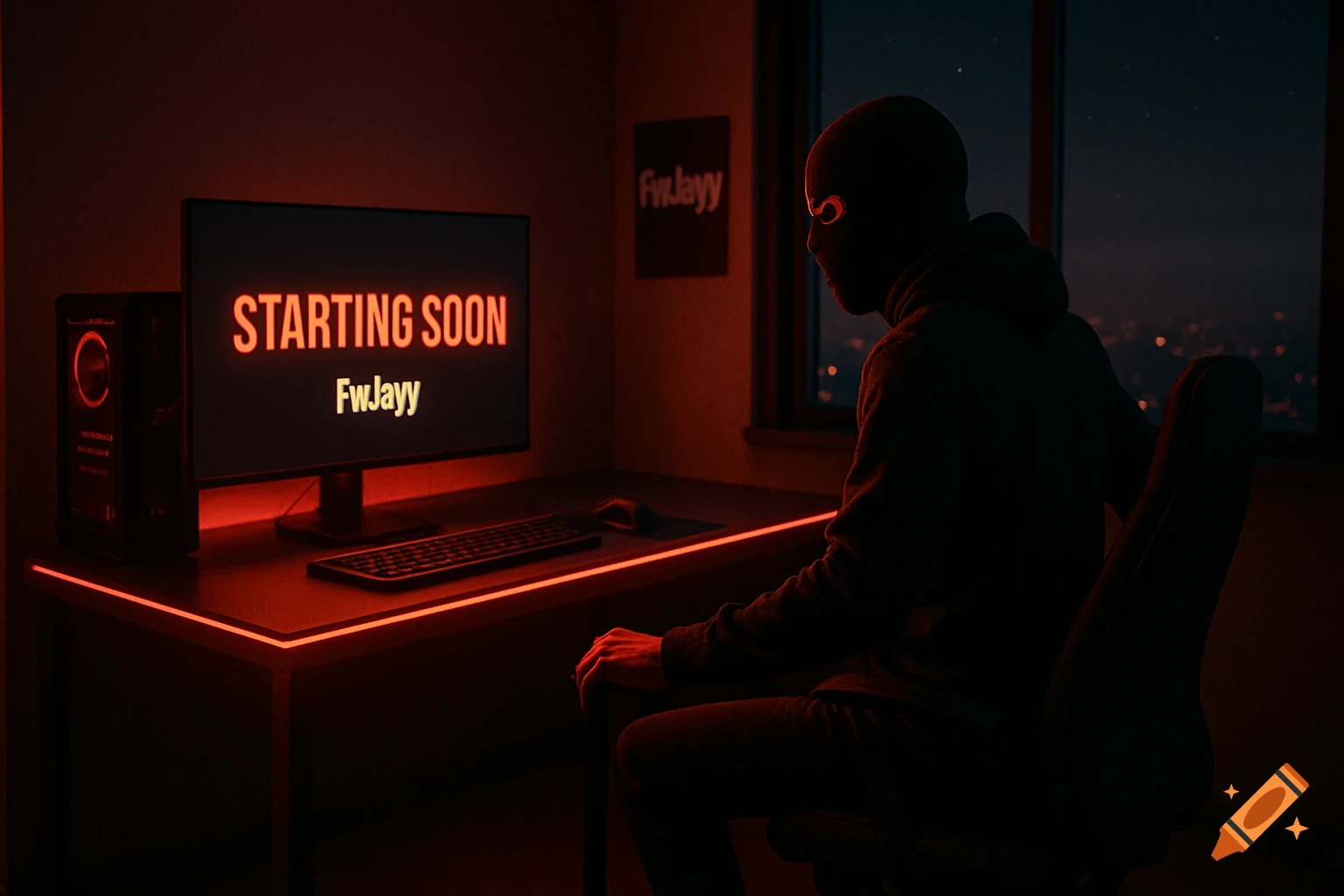 A person in a ski mask sits at a desk with a computer monitor displaying 'STARTING SOON FwJayy' in a room lit by red LEDs.