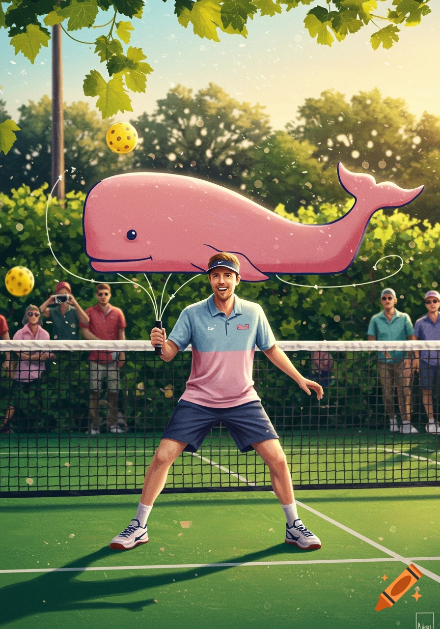 A man in a blue and pink polo shirt plays pickleball on a green court, using a large pink whale as a paddle. Other spectators are in the background.