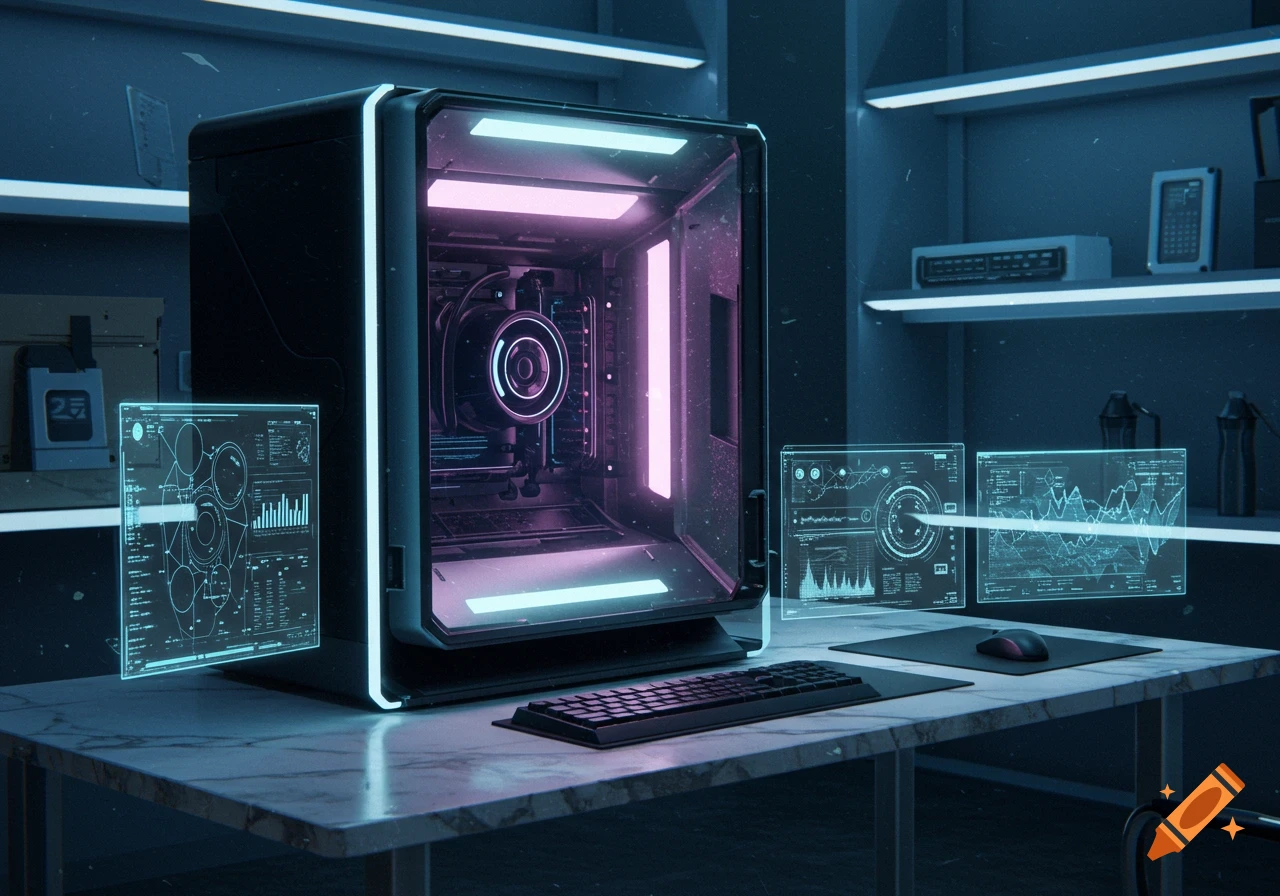 A futuristic computer tower with a transparent side, glowing with pink and blue neon lights, sits on a marble desk with holographic displays.