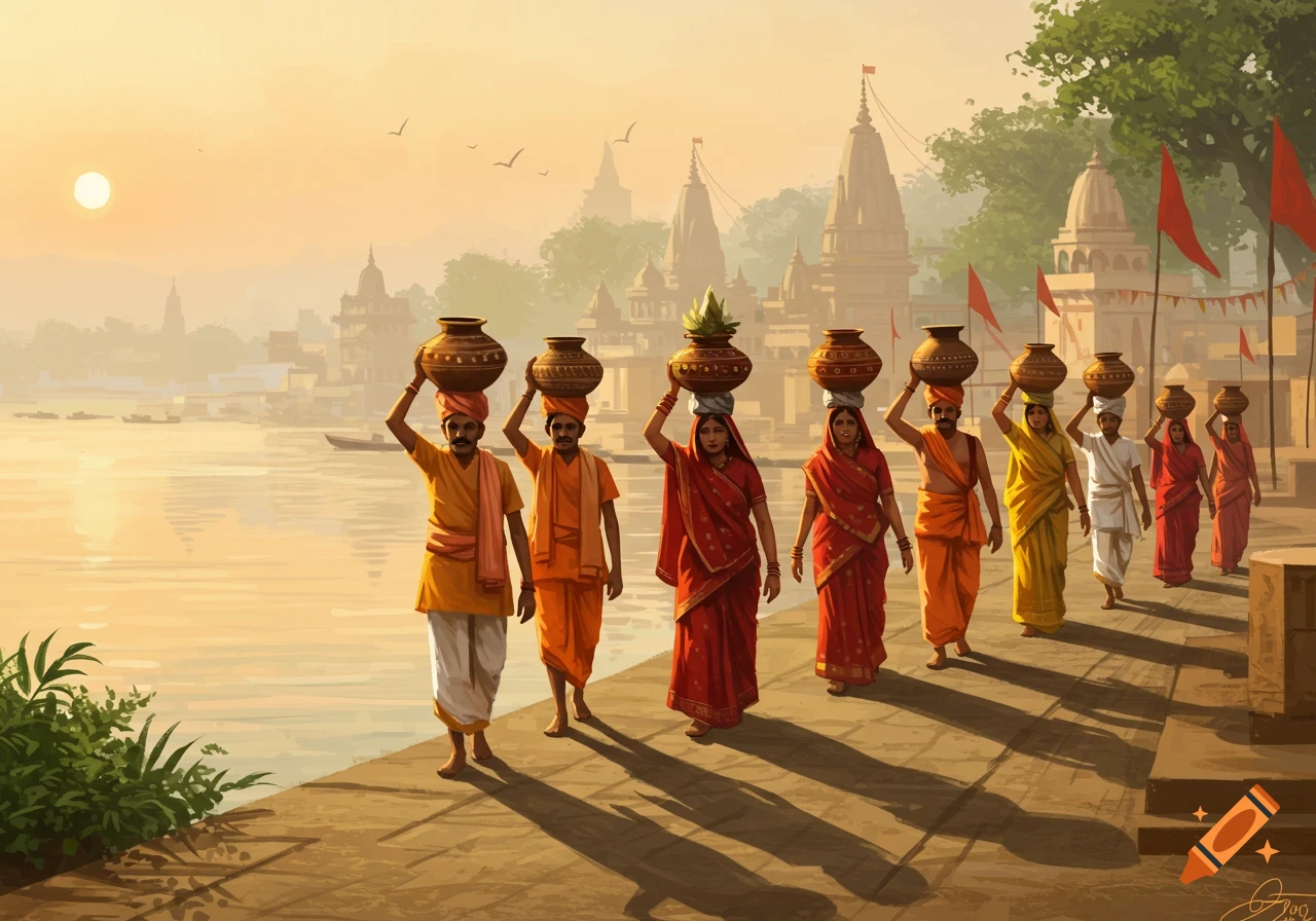 People in traditional Indian attire carry water pots along a river with temples at sunset, in an illustrative style.