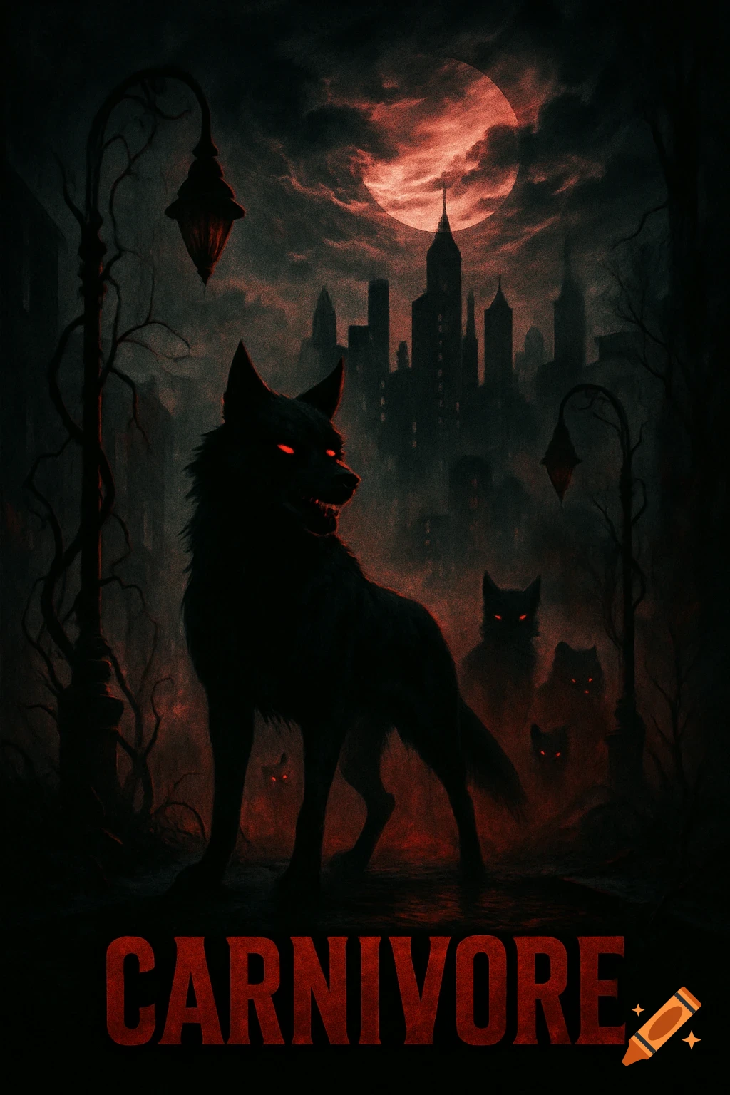 Dark, stylized horror poster with a silhouette of a wolf with red eyes in a gloomy city, under a blood-red moon, with the title 'CARNIVORE'.