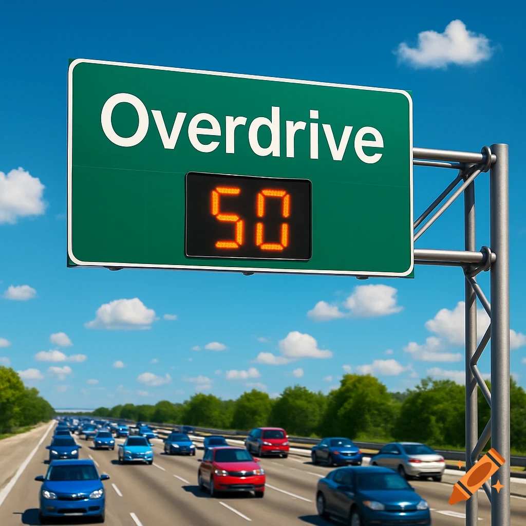 A green overhead highway sign reads 'Overdrive' and displays '50' on a digital screen, with cars on the road below.