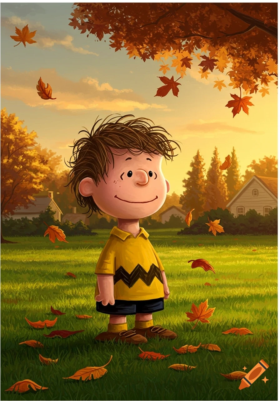 Charlie Brown stands smiling in a grassy field with falling autumn leaves and trees at sunset in a cartoon illustration.
