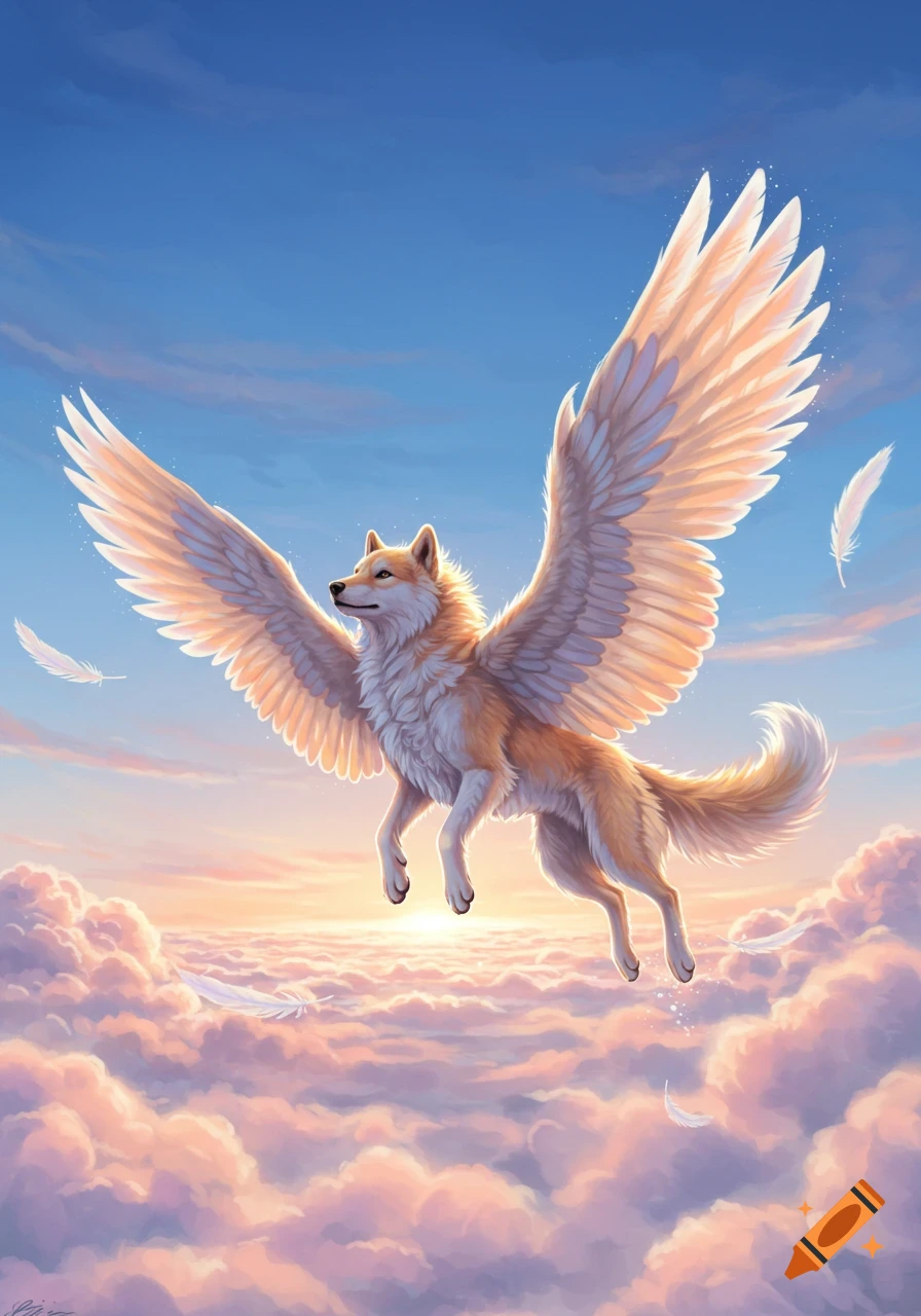 A majestic winged wolf-dog soars through a vibrant sky filled with soft pink and purple clouds during sunset.
