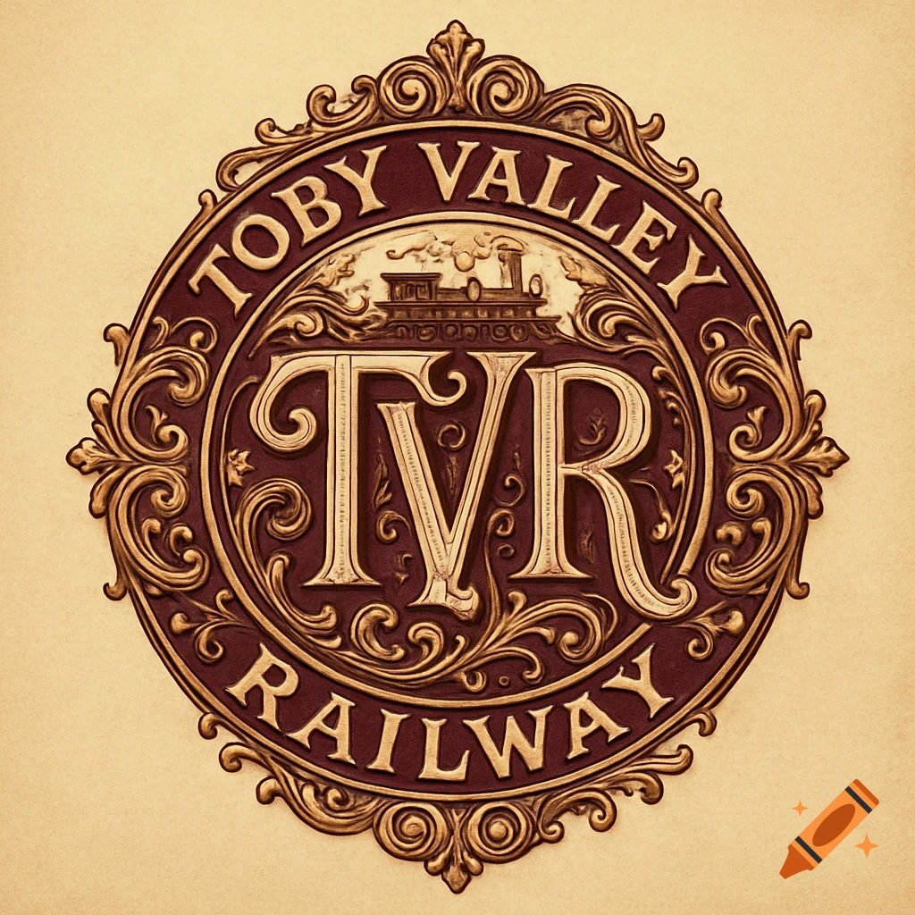 A Victorian-style ornate circular logo for Toby Valley Railway, featuring a train and the initials TVR in gold and maroon.