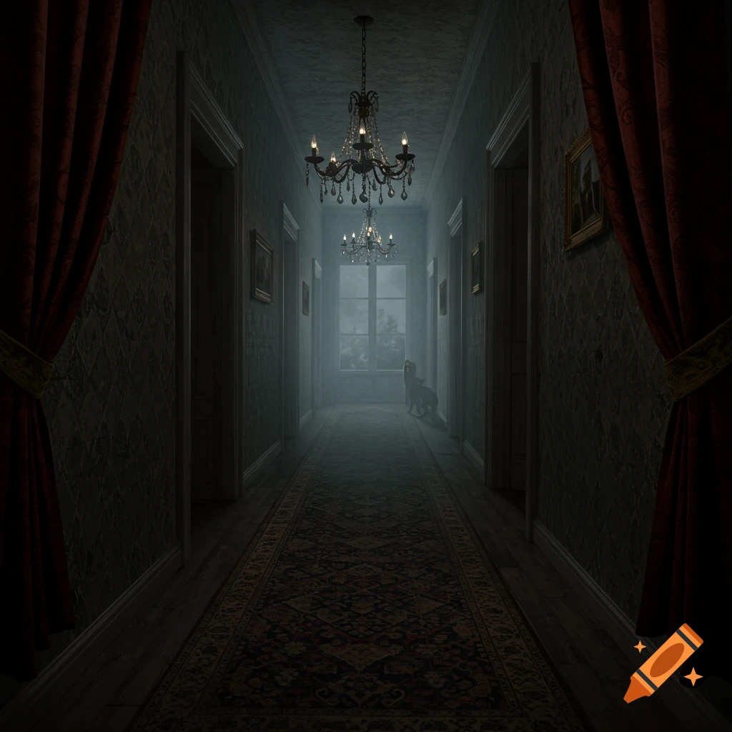An eerie, dimly lit corridor in a haunted house with chandeliers, red curtains, a patterned rug, and a shadowy dog figure by a foggy window.