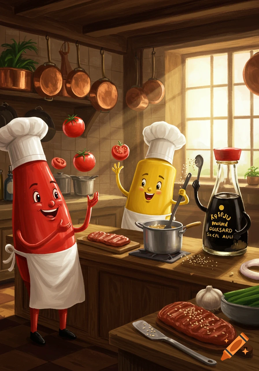 Cartoon anthropomorphic ketchup, mustard, and soy sauce bottles as chefs in a rustic kitchen, cooking and juggling tomatoes.