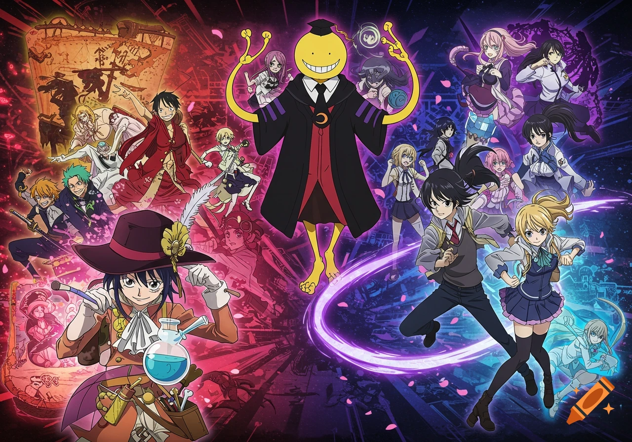 An anime crossover illustration featuring Koro-sensei, Luffy, Maomao, and other characters against a vibrant red and purple background.