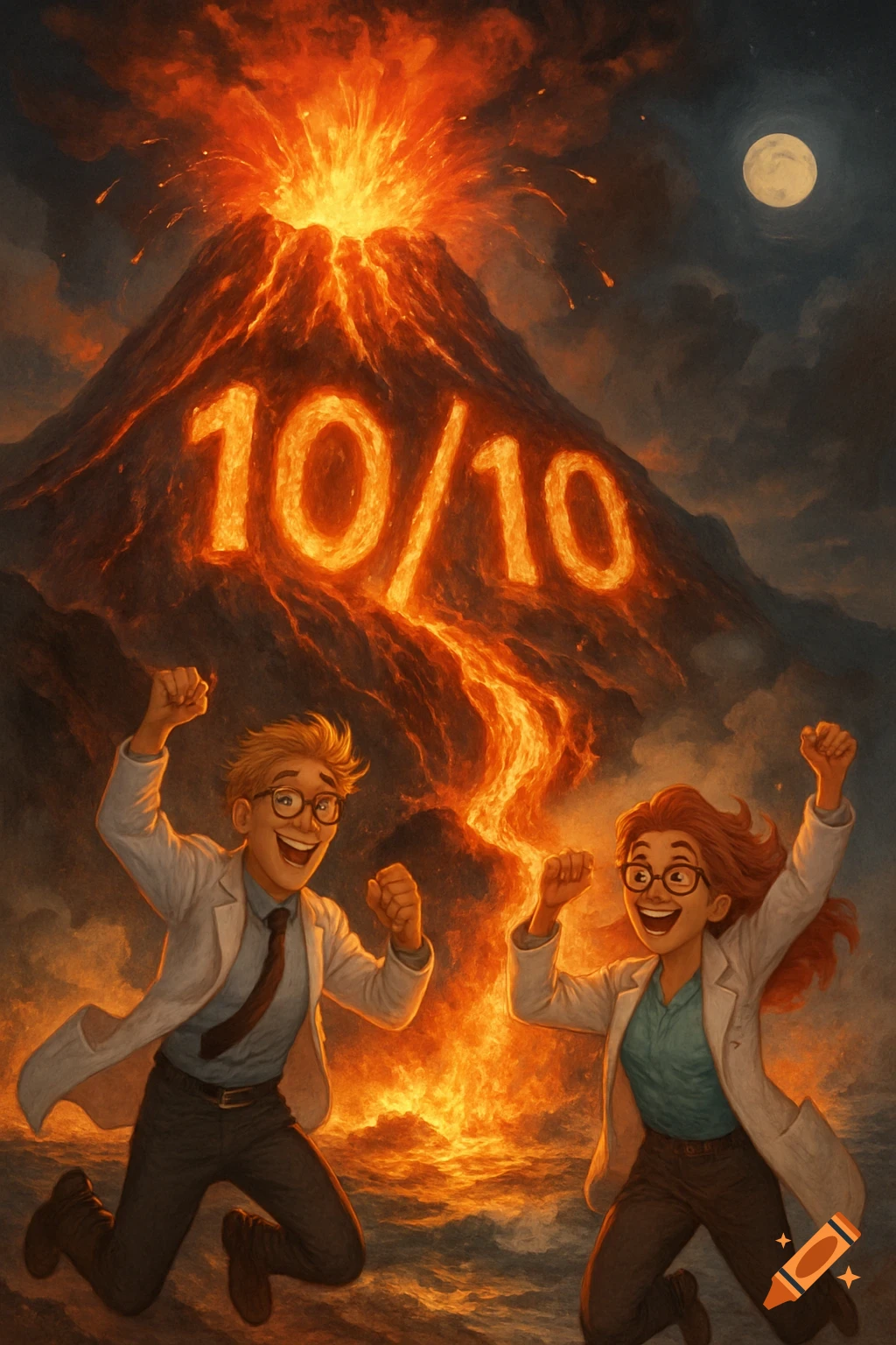 Two joyful scientists jump in front of a erupting volcano with '10/10' written in lava on its side, under a full moon.