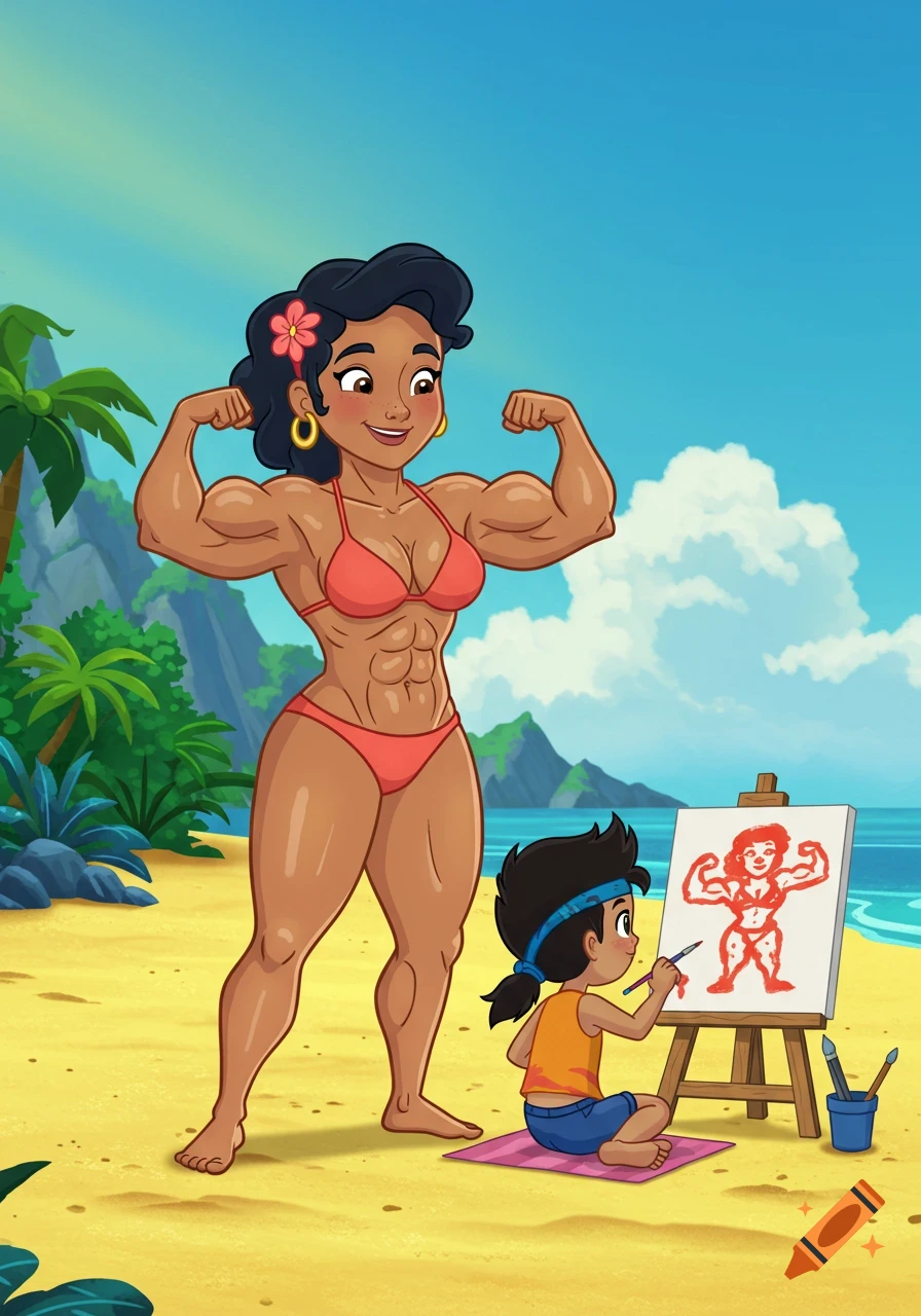 A muscular woman in a red bikini flexes on a sunny beach while a child draws her on an easel in 2D cartoon style.