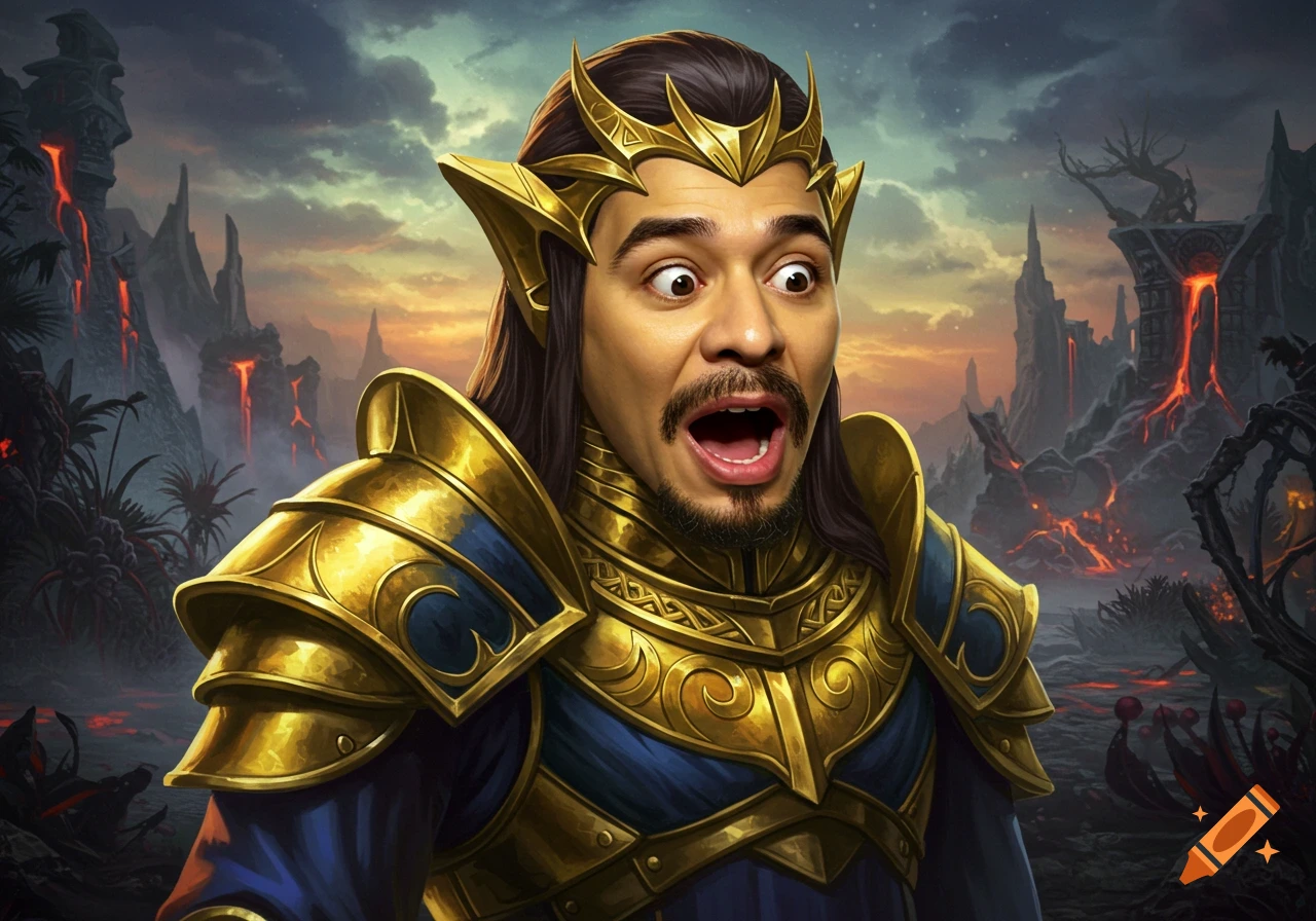 A man with a shocked expression, wearing golden fantasy armor and a crown, in a volcanic landscape.