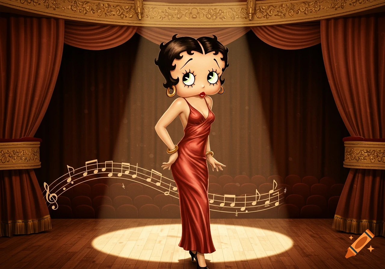 Betty Boop in a red dress stands on a spotlighted stage with musical notes floating behind her.