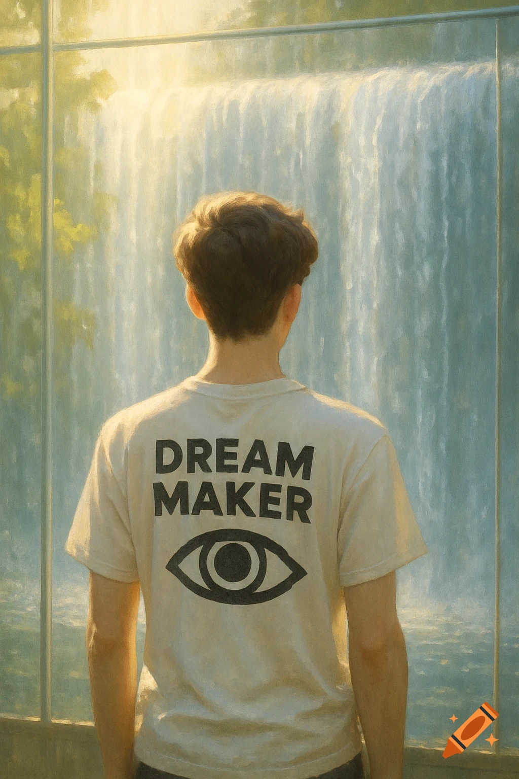A person wearing a 'DREAM MAKER' t-shirt from behind, looking at a waterfall, in a painterly style.