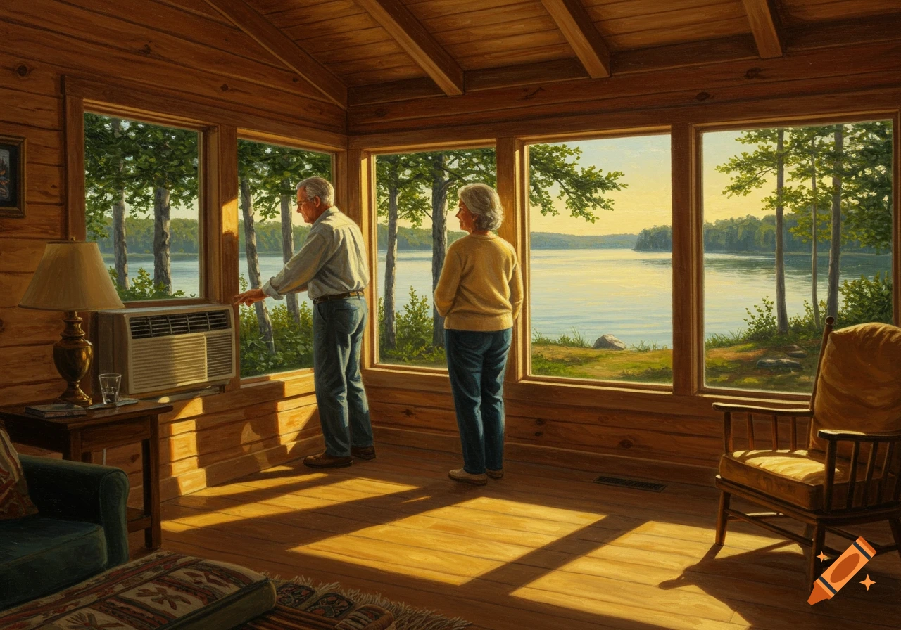 A cozy wooden lake house interior with an elderly couple looking out at a calm lake and trees under streaming sunlight.