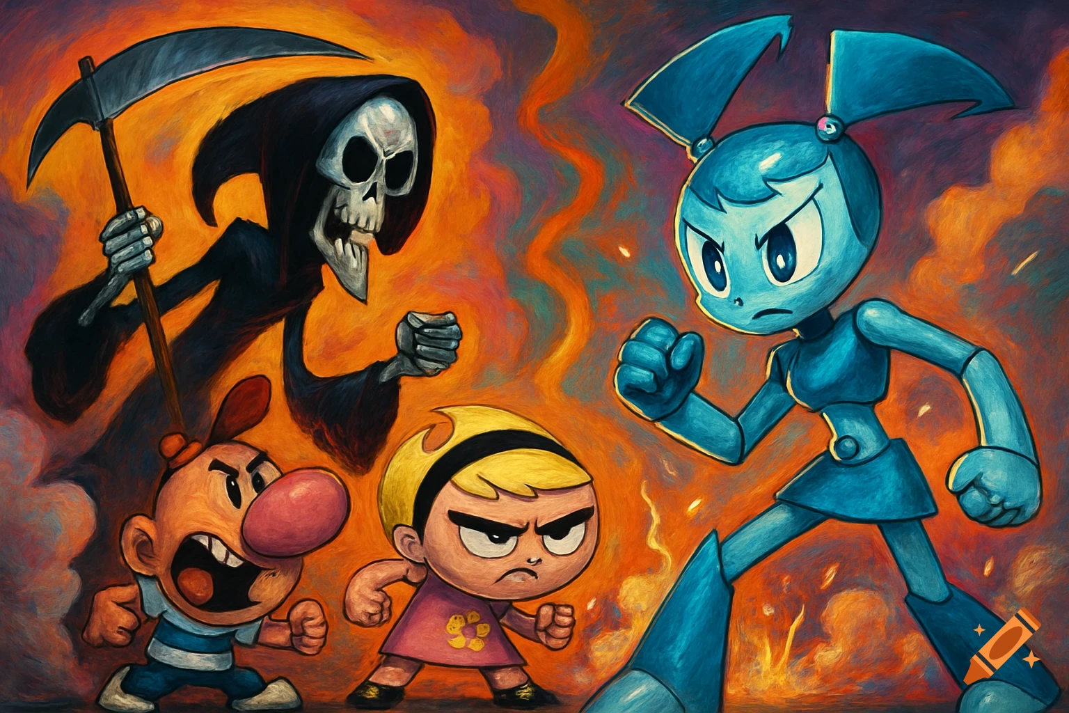 The Grim Reaper, Billy, and Mandy face off against Jenny XJ9 from My Life as a Teenage Robot in a dynamic, painterly style.