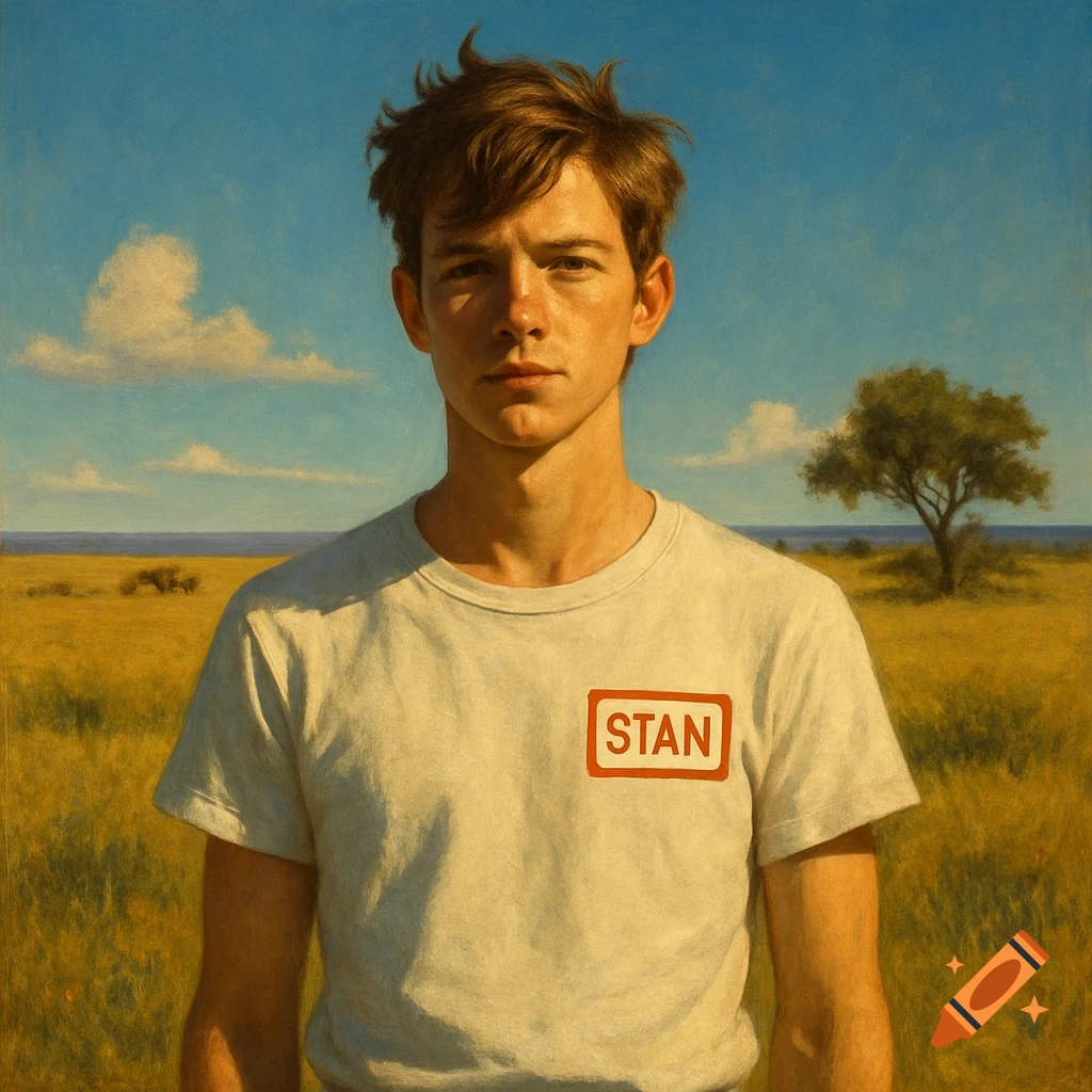 A painted portrait of a young man wearing a white 'STAN' t-shirt in a golden field with a blue sky.