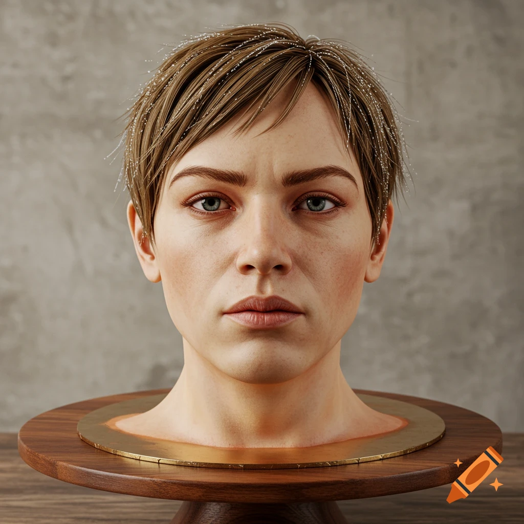 Hyperrealistic portrait of a woman's head resembling a cake, on a wooden cake stand, against a concrete wall.