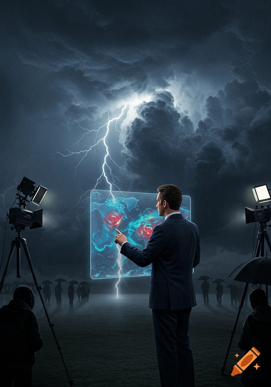 A weatherman in a suit points at a holographic weather map during a stormy night with lightning and rain, surrounded by cameras and blurred figures.