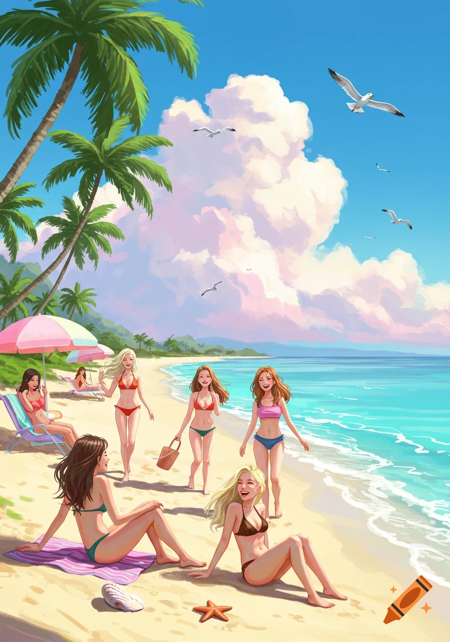 Illustration of women in bikinis enjoying a sunny day on a tropical beach with palm trees and seagulls.