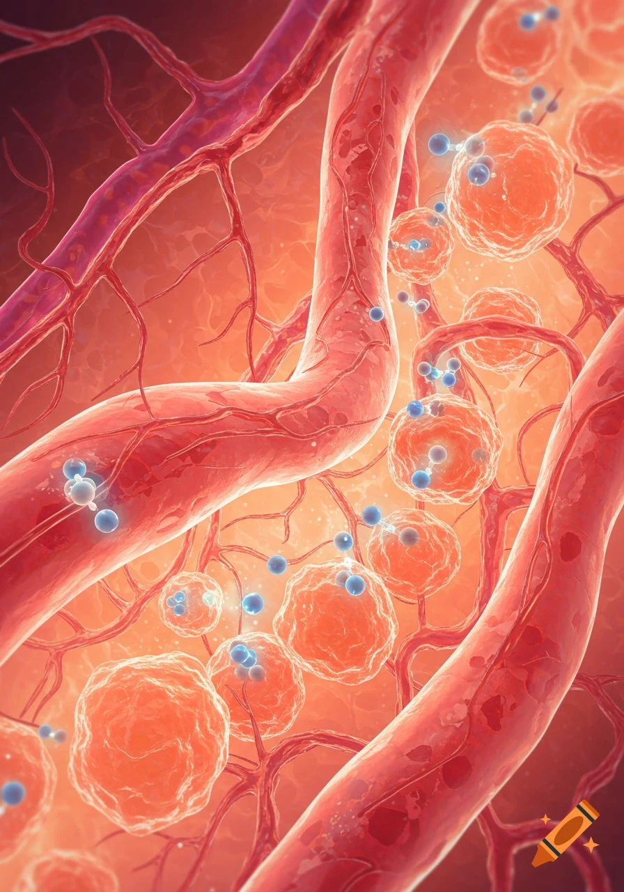 Microscopic illustration of red blood vessels, orange cells, and blue glucose molecules.