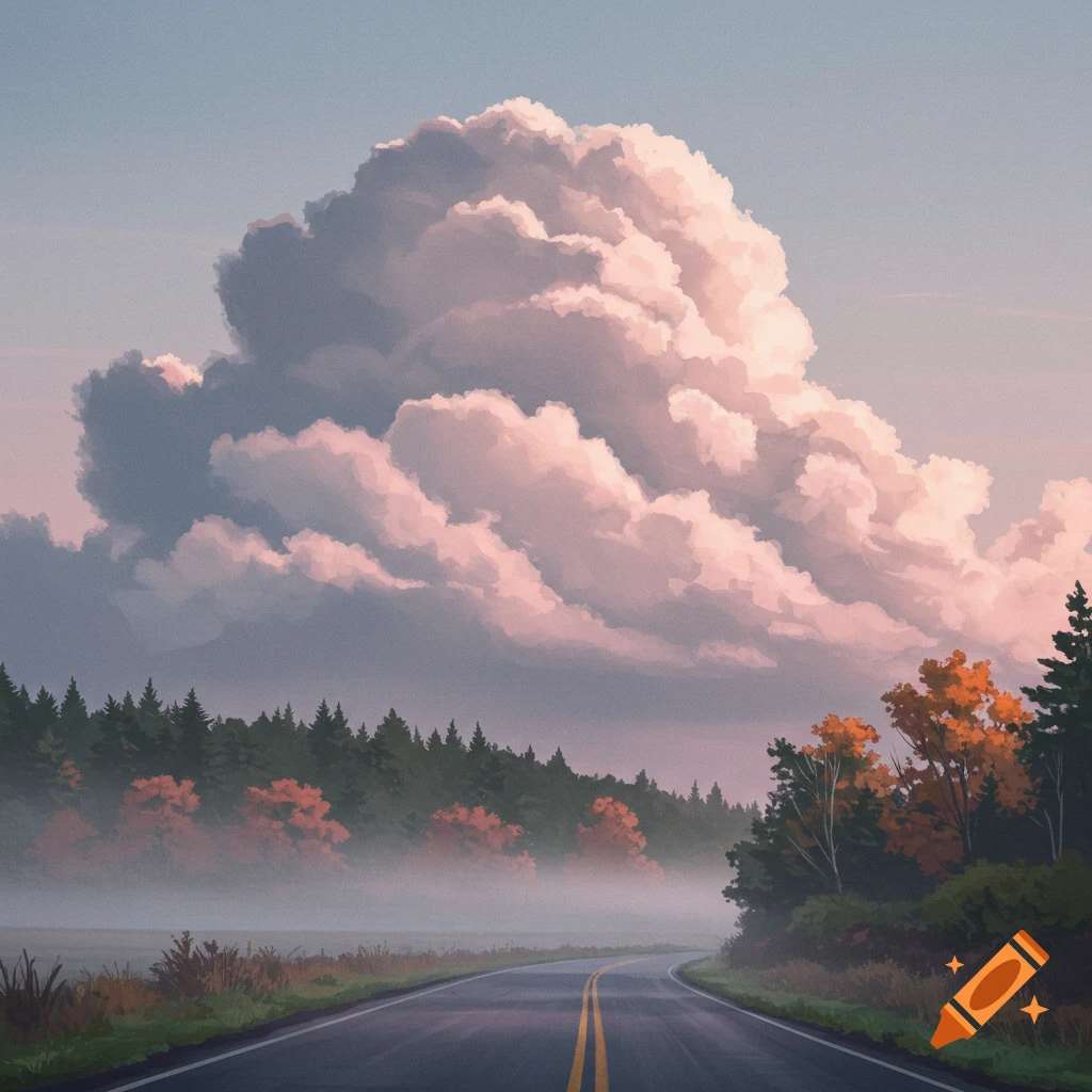 A winding road through a misty forest with autumn trees, leading towards a colossal, pink-tinged cloud under a pastel sky.