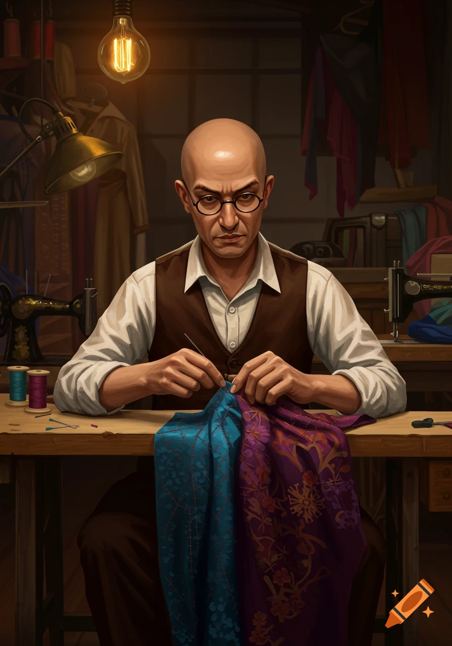 A bald man with glasses sits at a wooden table in a dimly lit workshop, meticulously sewing colorful fabric.