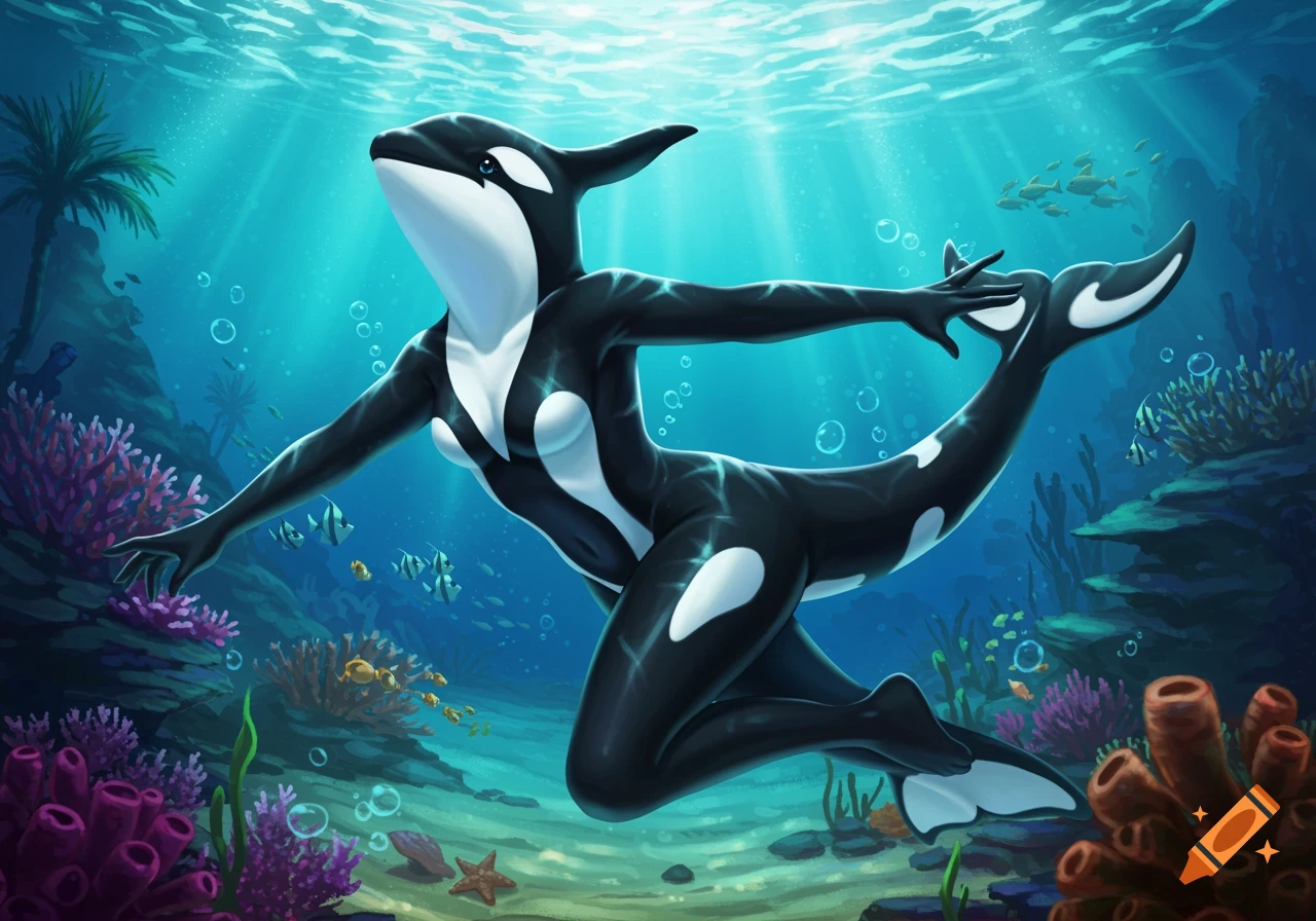 An anthropomorphic orca figure swims gracefully underwater amidst coral reefs and fish in a vibrant, stylized art style.