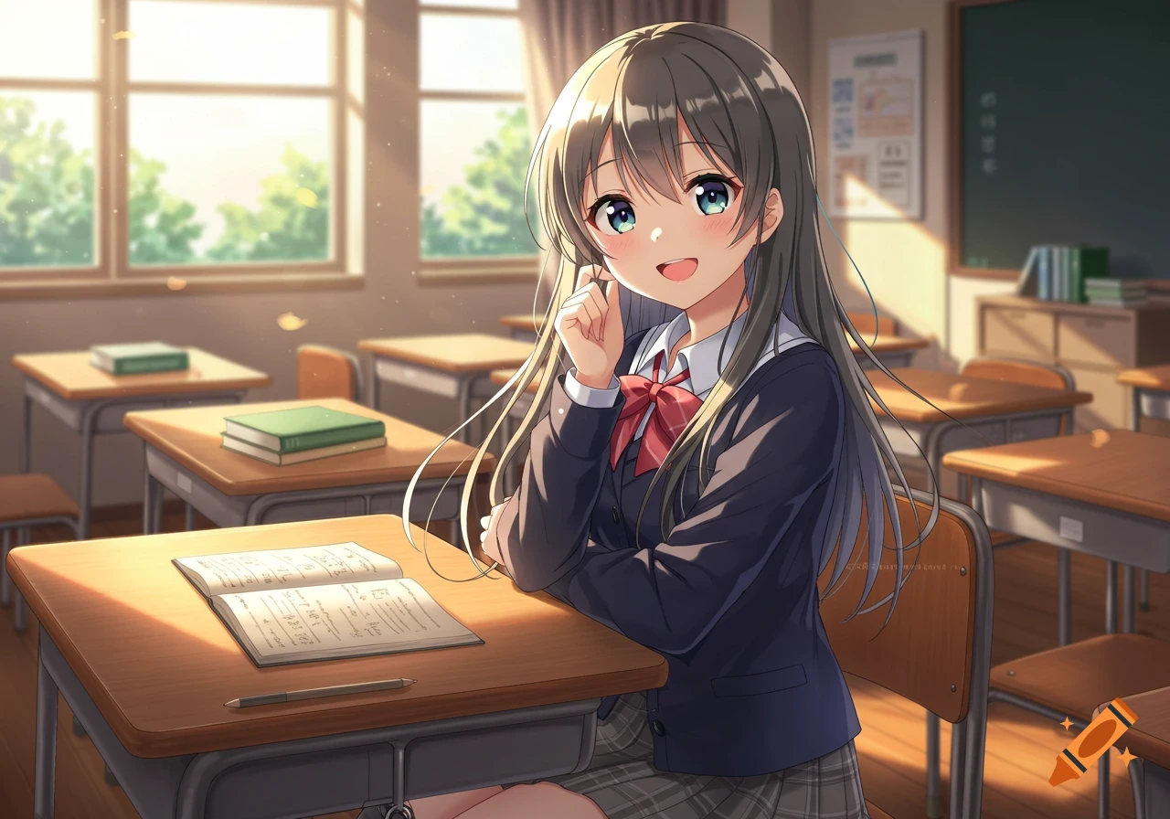 An anime girl with long brown hair and blue eyes smiles while sitting at a desk in a sunny classroom, an open book in front of her.