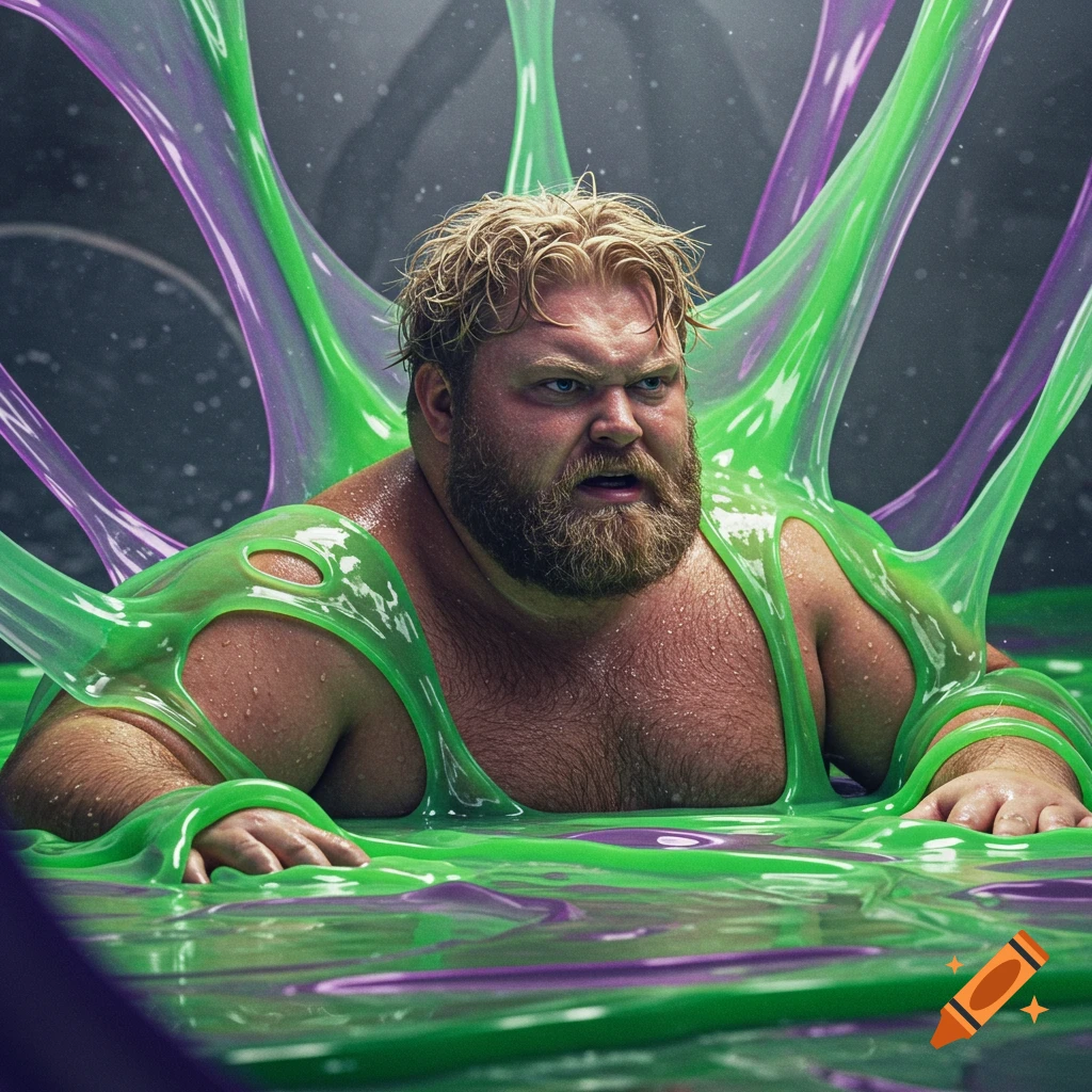 Photorealistic depiction of a blond-bearded man in a pool of vibrant green and purple slime, struggling as it engulfs him.