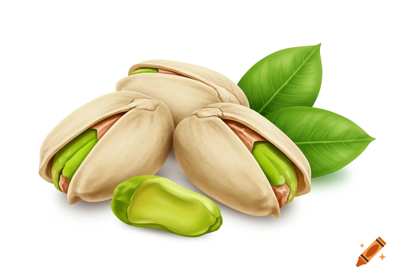 Three pistachios, two partially opened in their shells and one shelled, with green leaves, isolated on a white background.