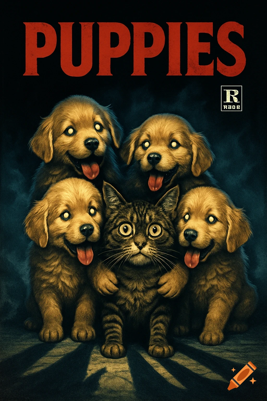 A horror movie poster featuring a terrified tabby cat surrounded by four golden retriever puppies with glowing white eyes. The title "PUPPIES" is in red at the top, with a stylized R rating symbol.