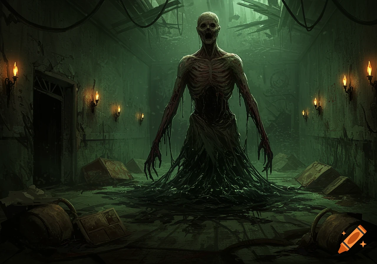 A grotesque, skeletal creature with exposed ribs and dripping flesh stands in a dark, dilapidated, green-hued room illuminated by candles.