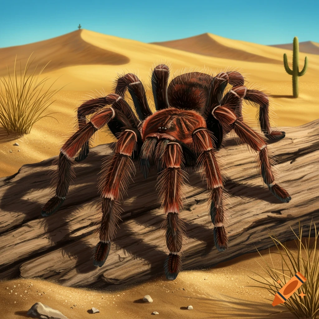 A large, hairy tarantula with dark brown and reddish hues rests on a log in a sunny desert landscape with sand dunes and a saguaro cactus.