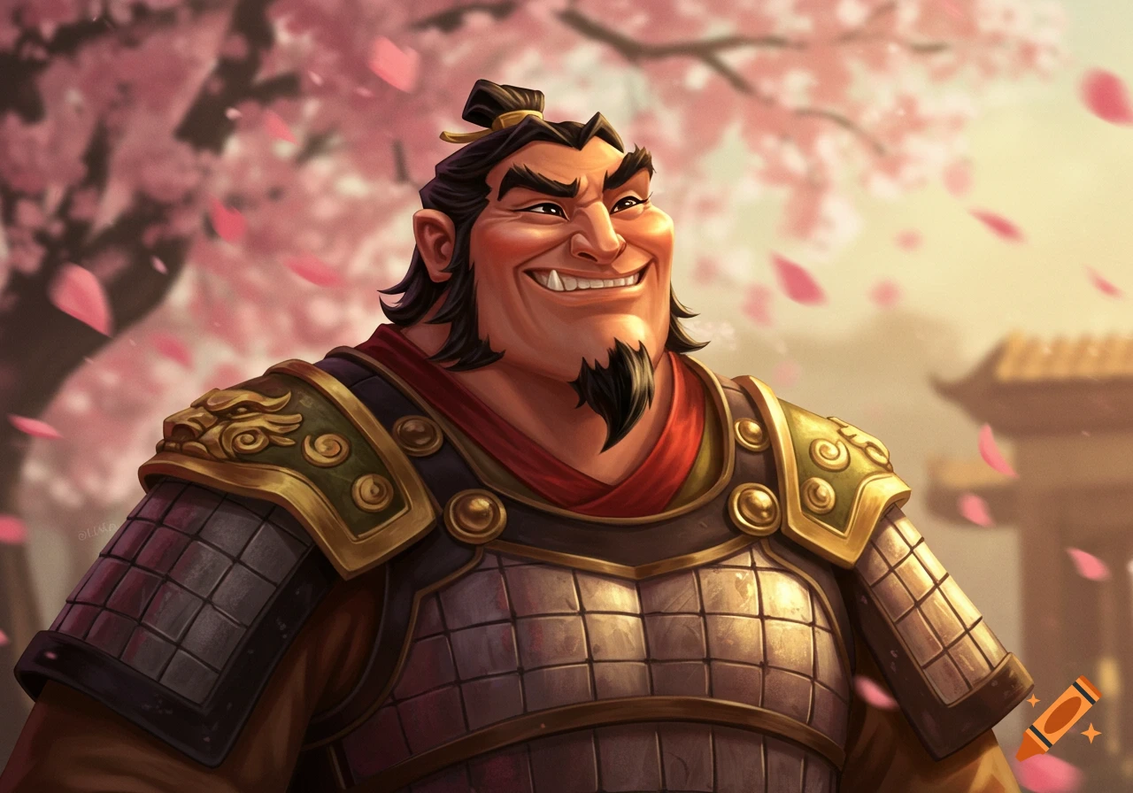 A smiling cartoon warrior in intricate armor stands under cherry blossoms.
