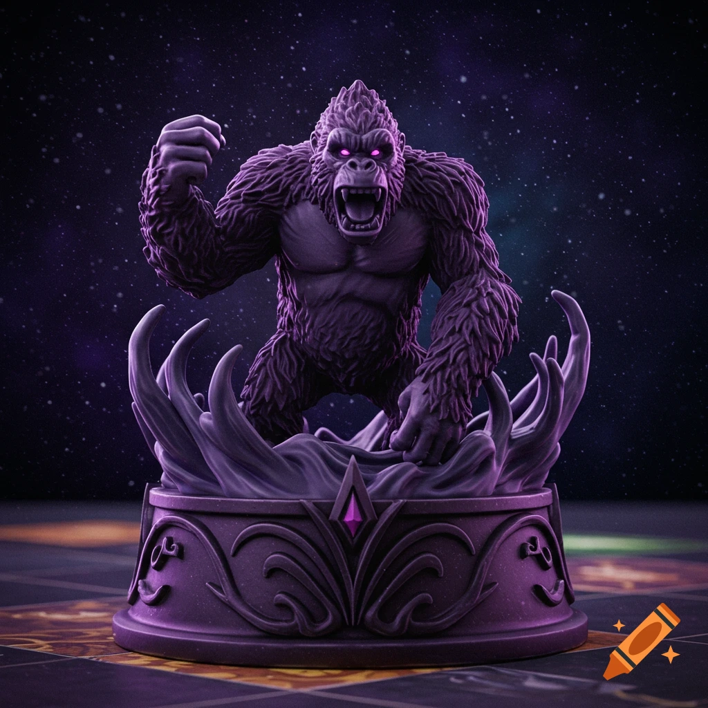 A purple, roaring gorilla miniature with glowing eyes, standing on an ornate base, against a starry, dark purple background.
