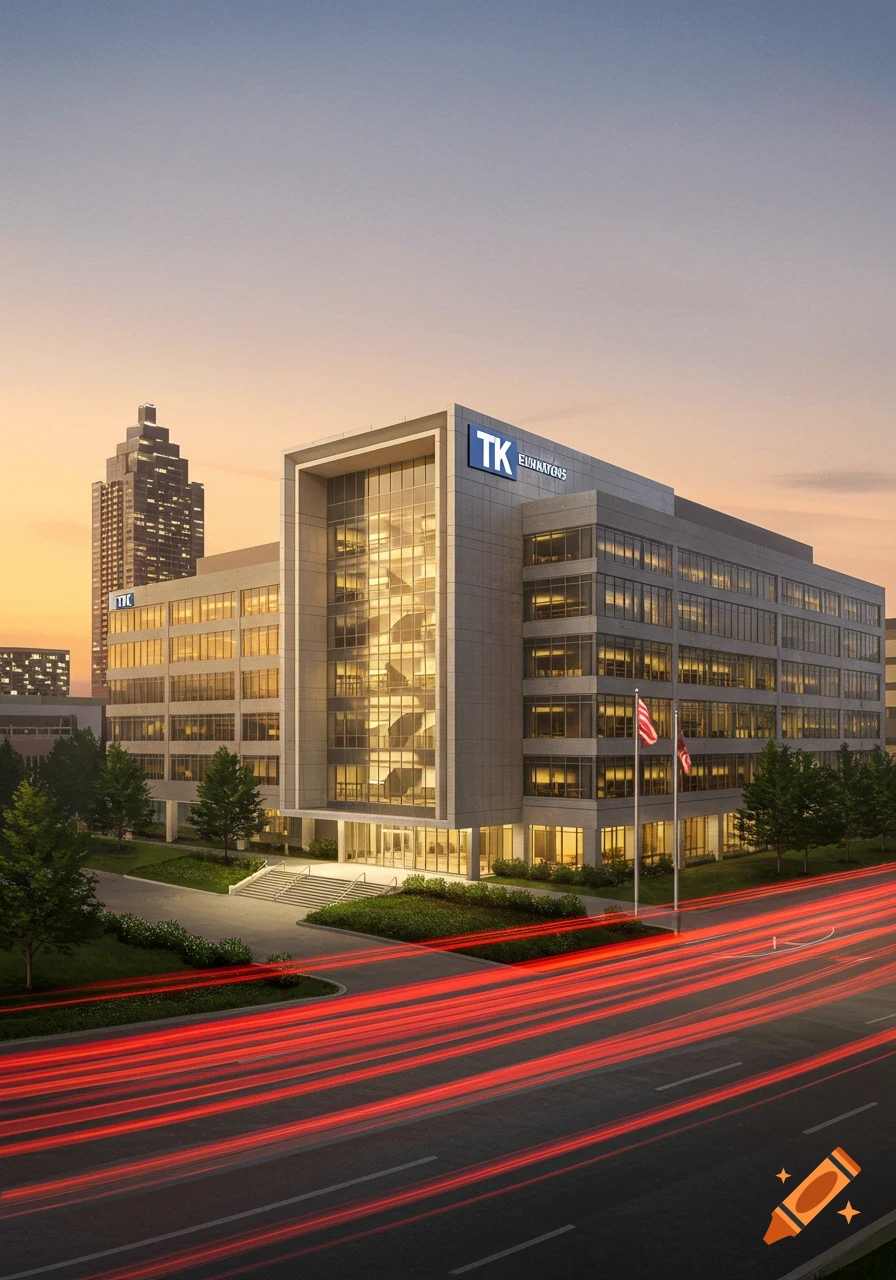Photorealistic image of a modern, lighted office building at sunset with long-exposure car light trails on the road.
