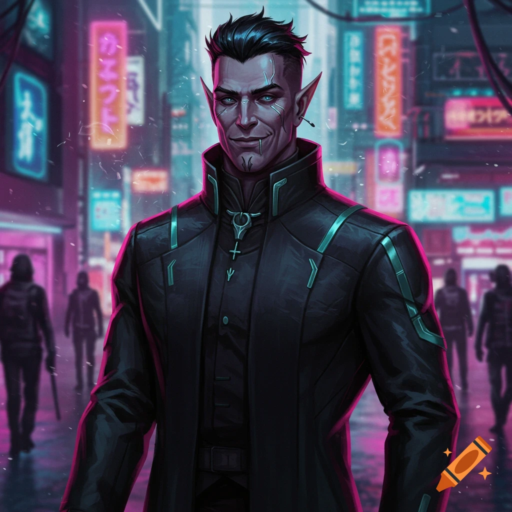 A male elven character with pointed ears and blue eyes, wearing a black coat, stands on a cyberpunk city street at night with neon signs.
