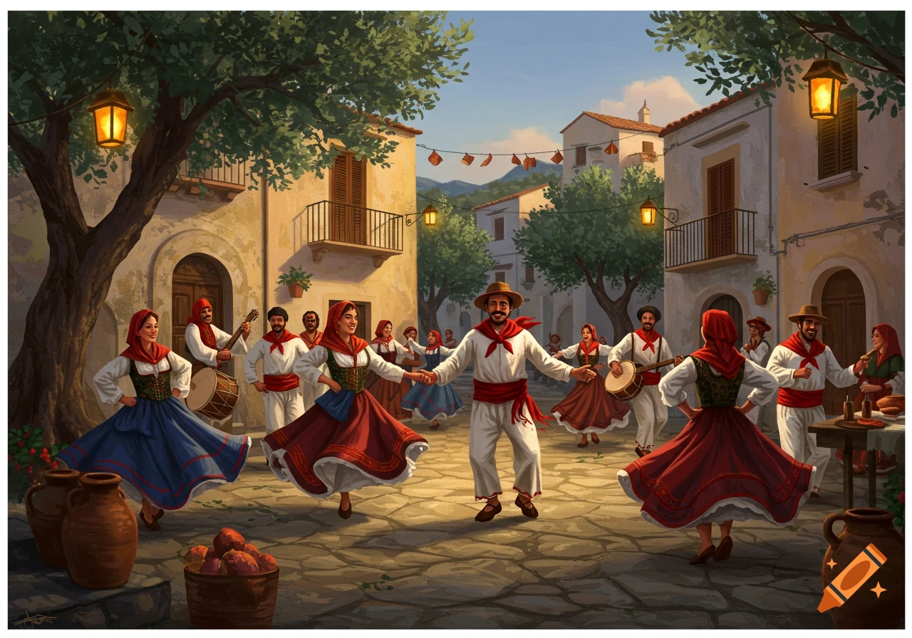 People in traditional folk costumes dance in a lively, sunlit village square with musicians and buildings.