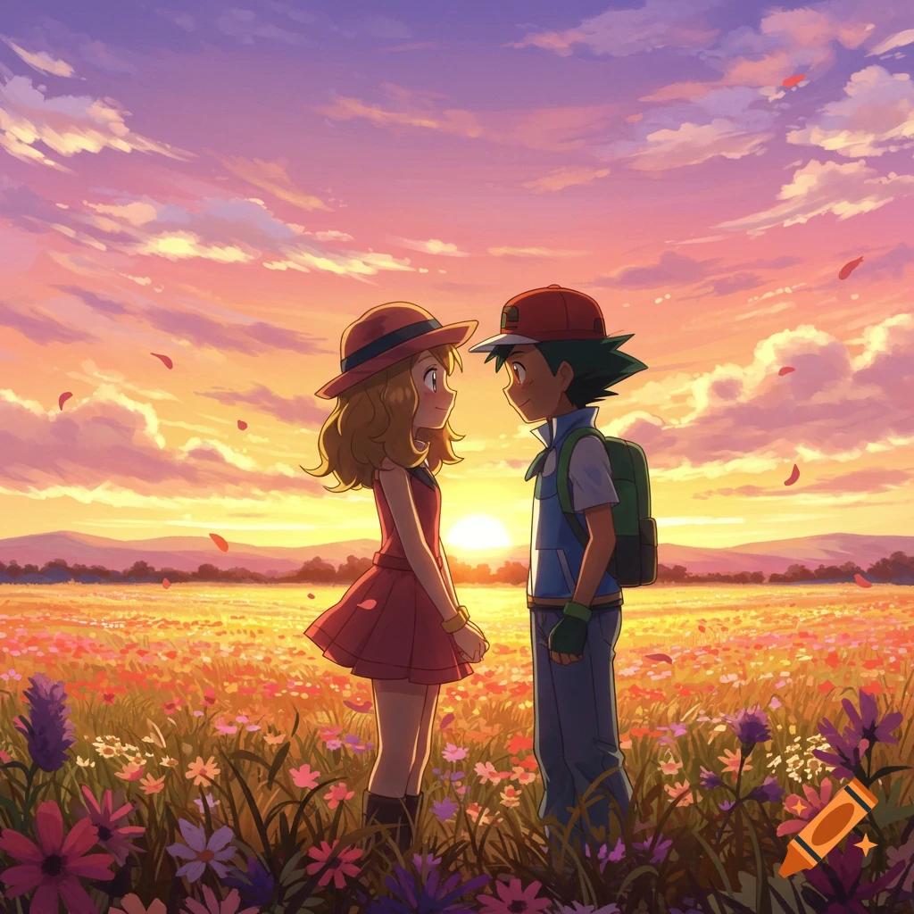 Ash and Serena from Pokemon looking at each other in a vibrant flower field at sunset, anime style.