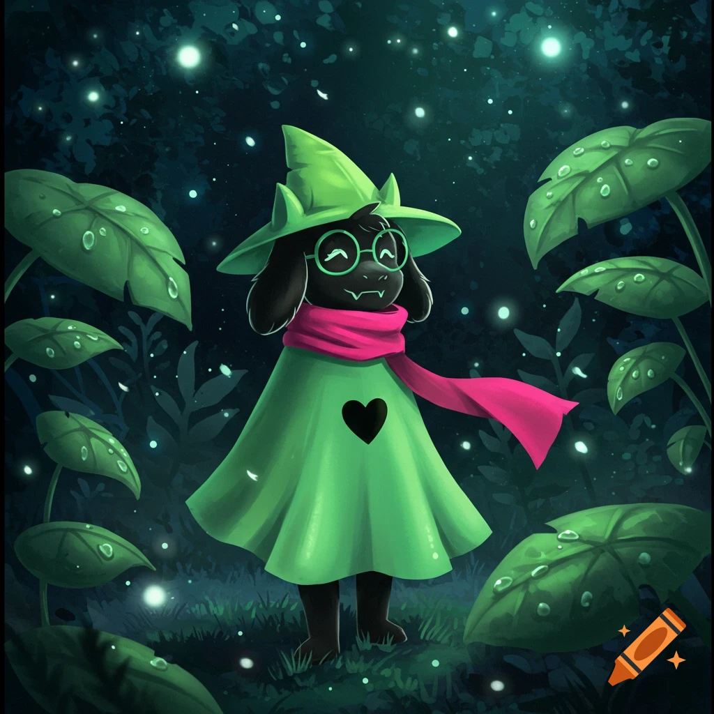 A dark furry character wearing a green hat and cloak with a pink scarf stands in a glowing forest at night.