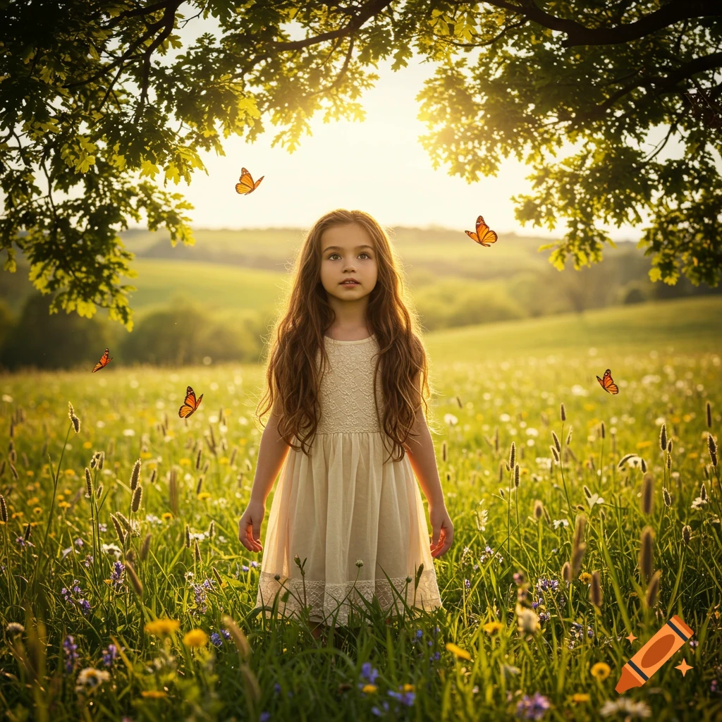 A young girl with long brown hair stands in a sunny field of wildflowers with butterflies flying around her, under a tree.