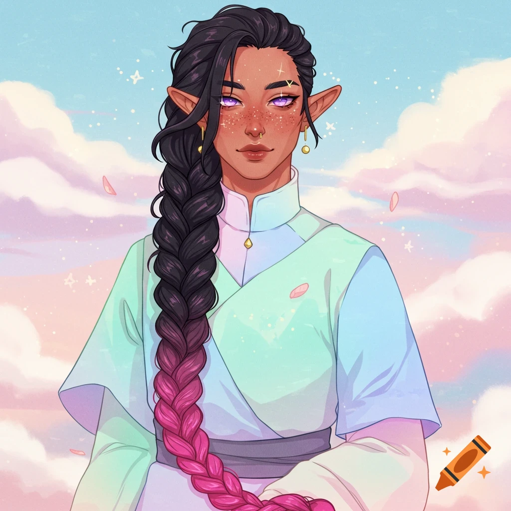 Anime portrait of a person with long braided hair, elf ears, and lavender eyes, wearing pastel clothes against a cloudy sky.