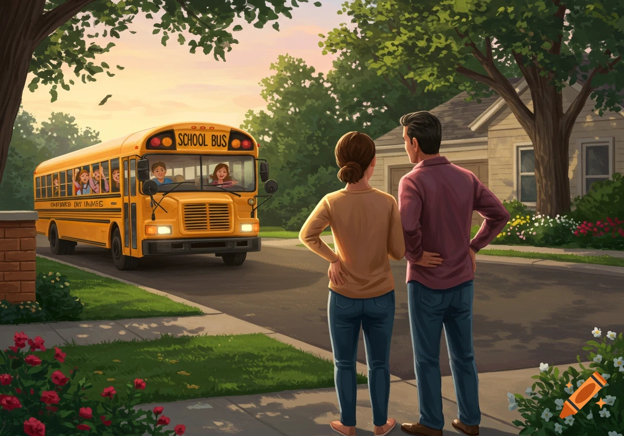 Parents stand on a sidewalk, waving goodbye to children on a yellow school bus driving away at sunset.