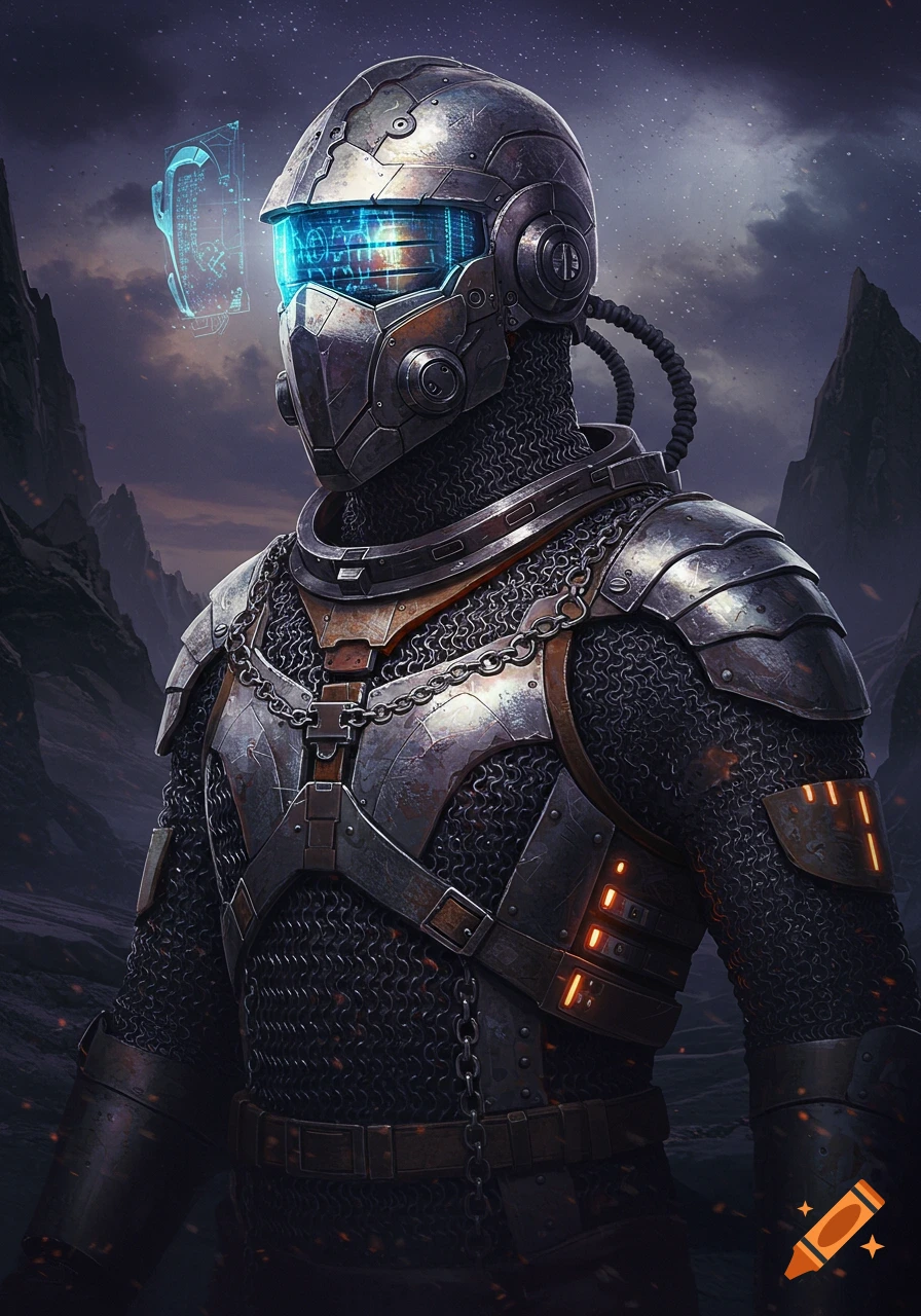 A warrior in detailed chainmail and futuristic, armored space suit with a glowing blue visor stands in a desolate, dark landscape.
