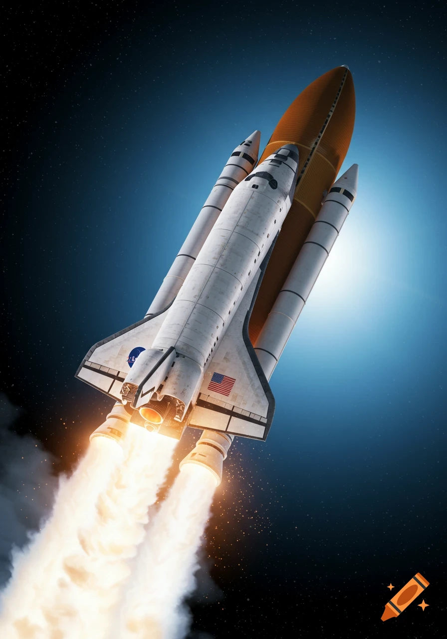 A photorealistic space shuttle launches into a star-filled sky, trailing bright orange flames and white smoke.