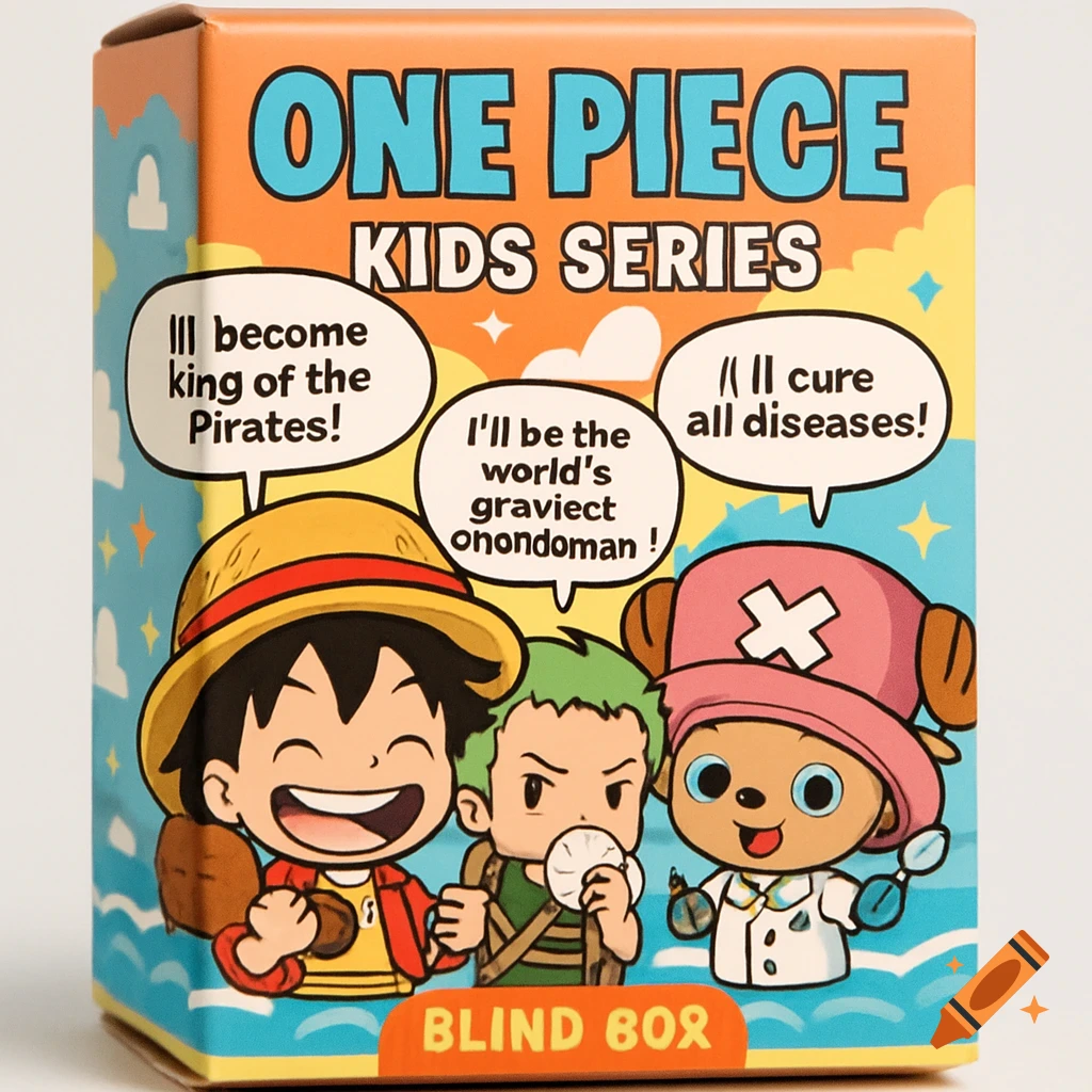 A colorful One Piece Kids Series blind box featuring chibi cartoon characters Luffy, Zoro, and Chopper in front.