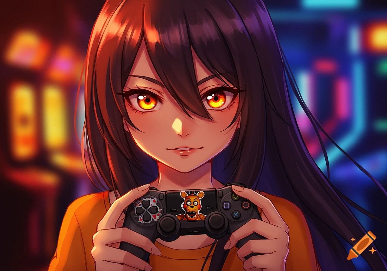 An anime girl with dark brown hair and glowing orange eyes holds a black game controller with a Five Nights at Freddy's sticker on it.