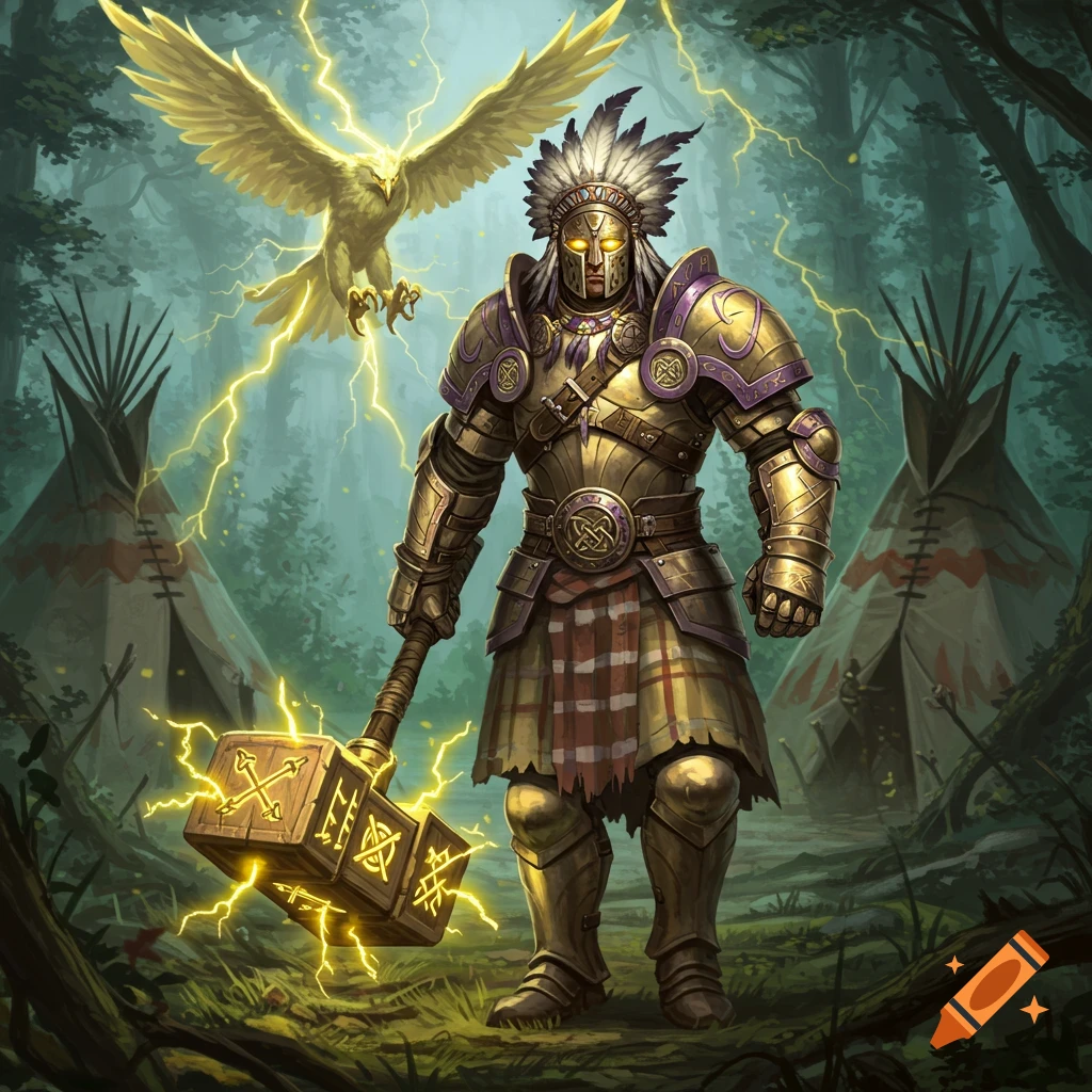 A fantasy armored knight in golden armor, plaid kilt, and war bonnet, wielding an electrical hammer, with a glowing eagle in a forest with teepees.
