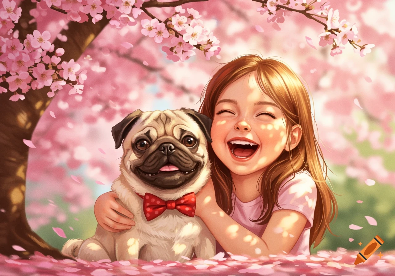 A smiling girl embraces a pug dog wearing a red bow tie under pink cherry blossoms in a sunny, illustrative style.